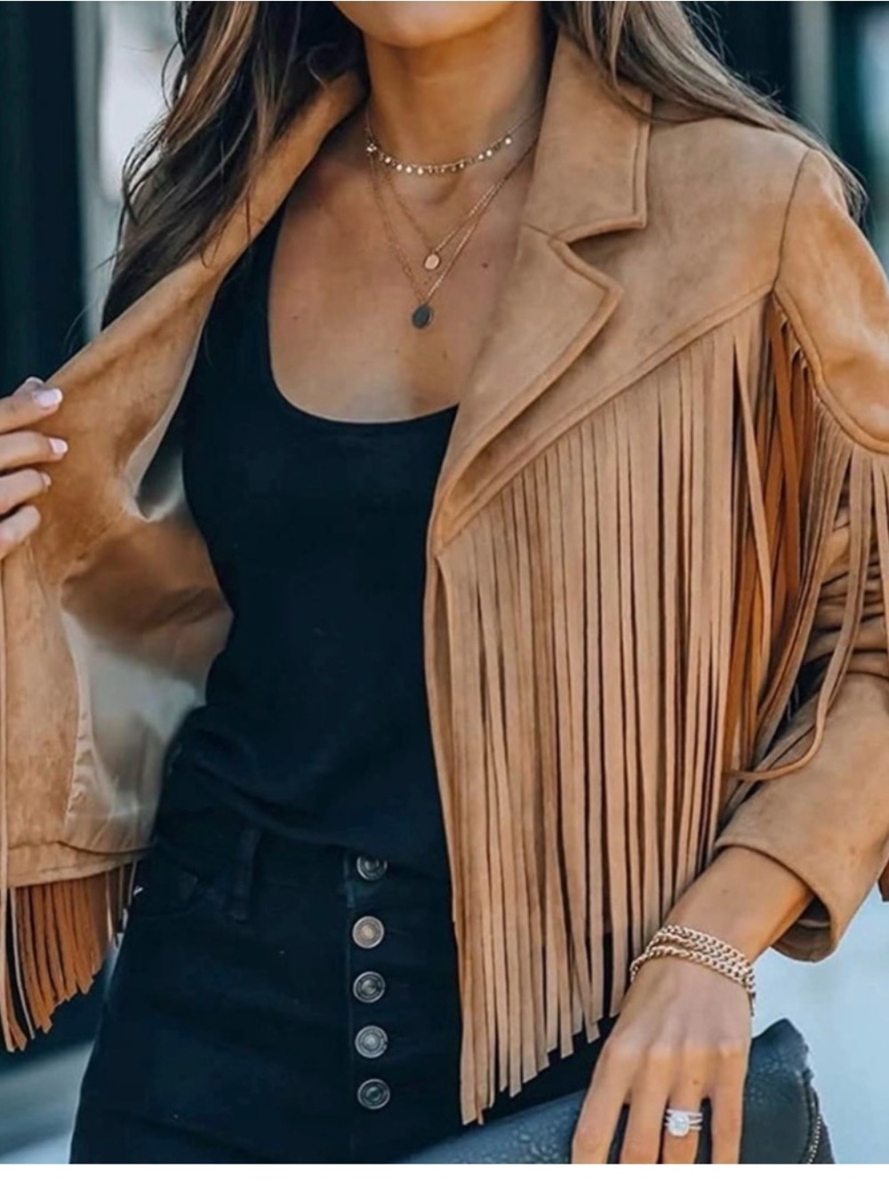 Women's Fringe Suede Leather Jacket - Tan